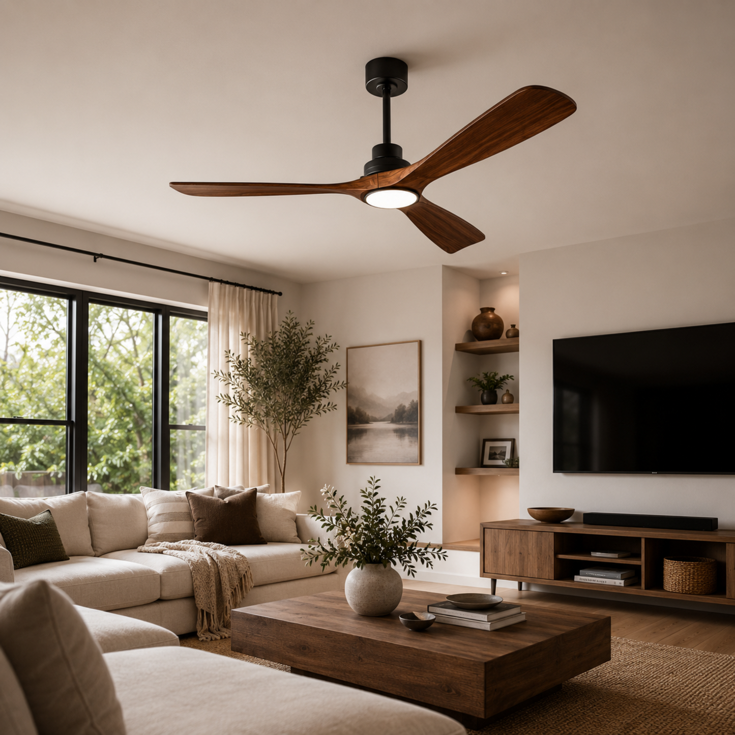 Moderner Deckenventilator mit Holzflügeln und Licht