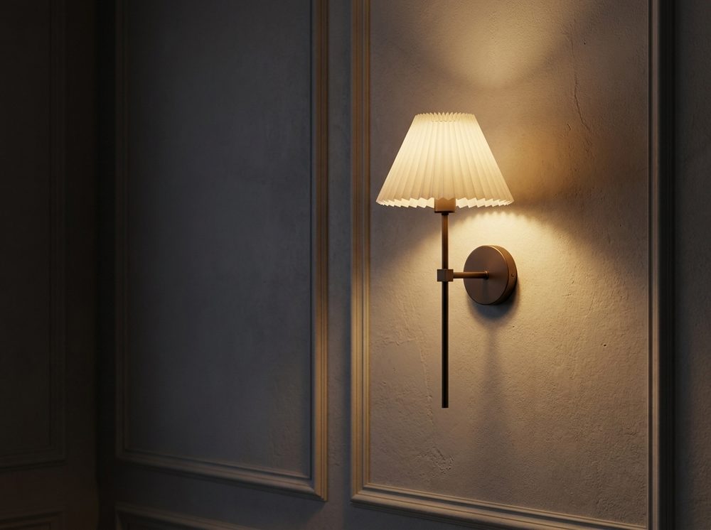 Gefaltete Wandleuchte, abends eingeschaltet
