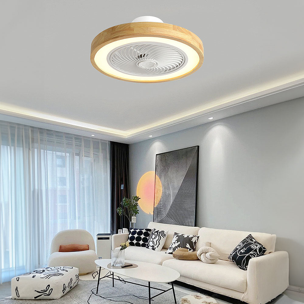 Moderner runder Deckenventilator mit Holz-LED-Licht