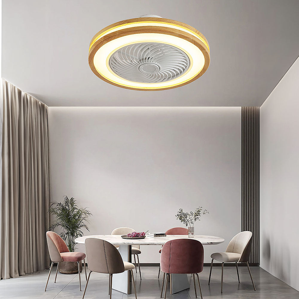 Moderner runder Deckenventilator mit Holz-LED-Licht