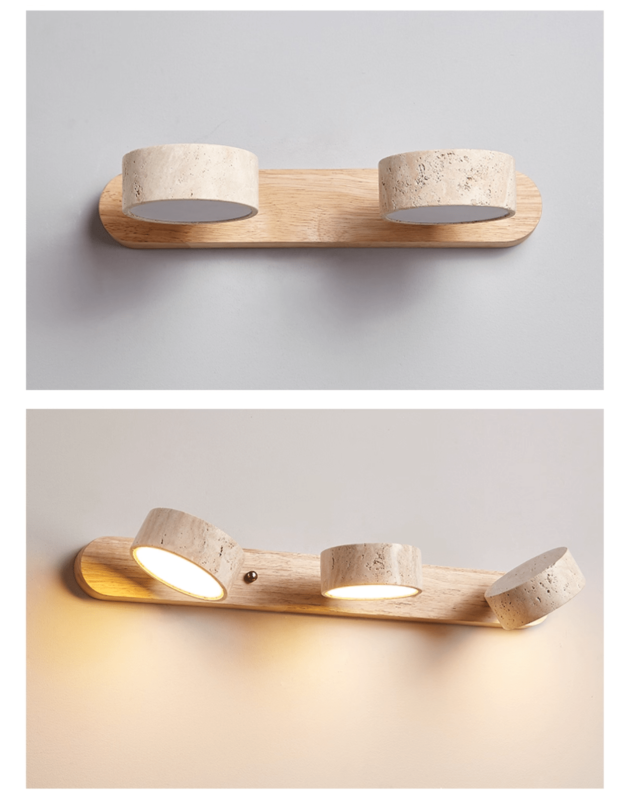 Wandlampe aus Holz und Travertin