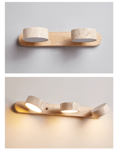 Wandlampe aus Holz und Travertin