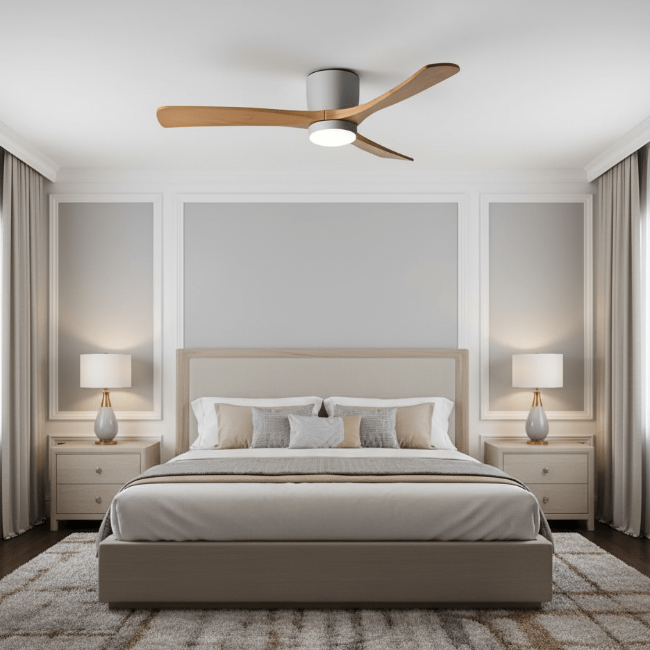 Moderner Deckenventilator aus Holz mit LED-Beleuchtung
