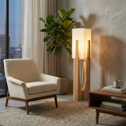 Minimalistische Stehlampe aus Holz