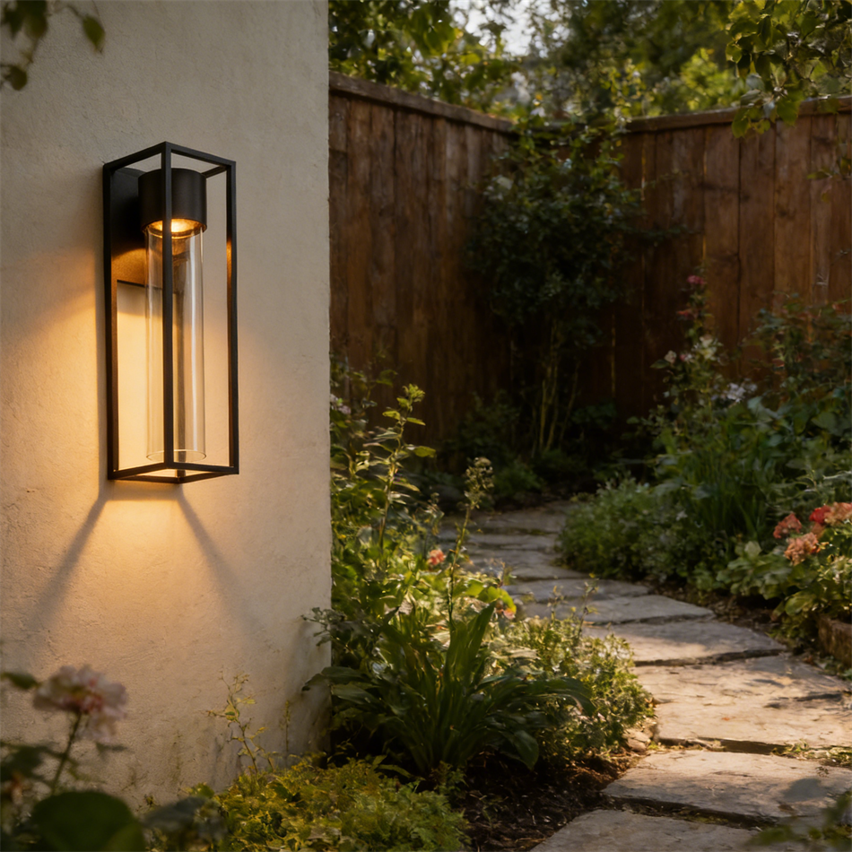 Quadratische schwarze Outdoor-LED-Wandleuchte in Sandoptik