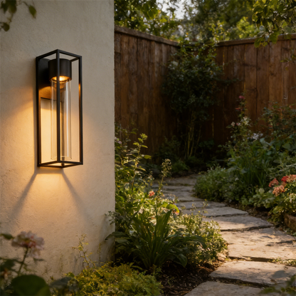 Quadratische schwarze Outdoor-LED-Wandleuchte in Sandoptik