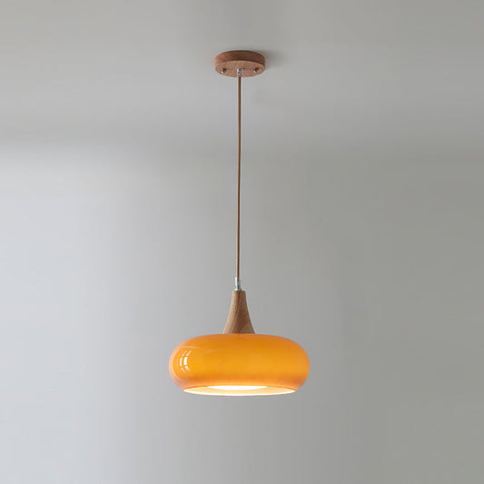 Moderne Pendelleuchte aus Glas und Holz