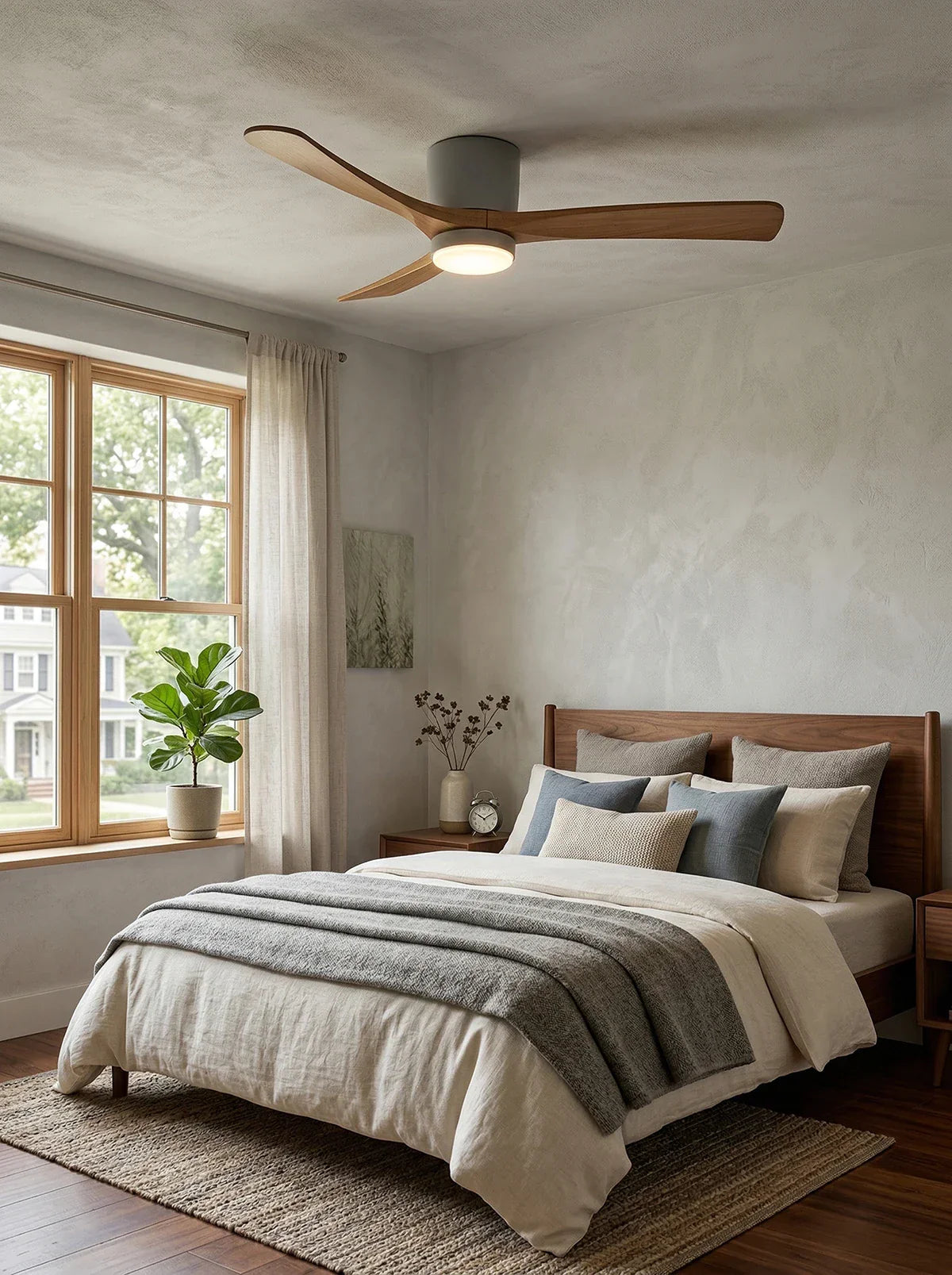 Moderner Deckenventilator mit Holzpropeller und Licht