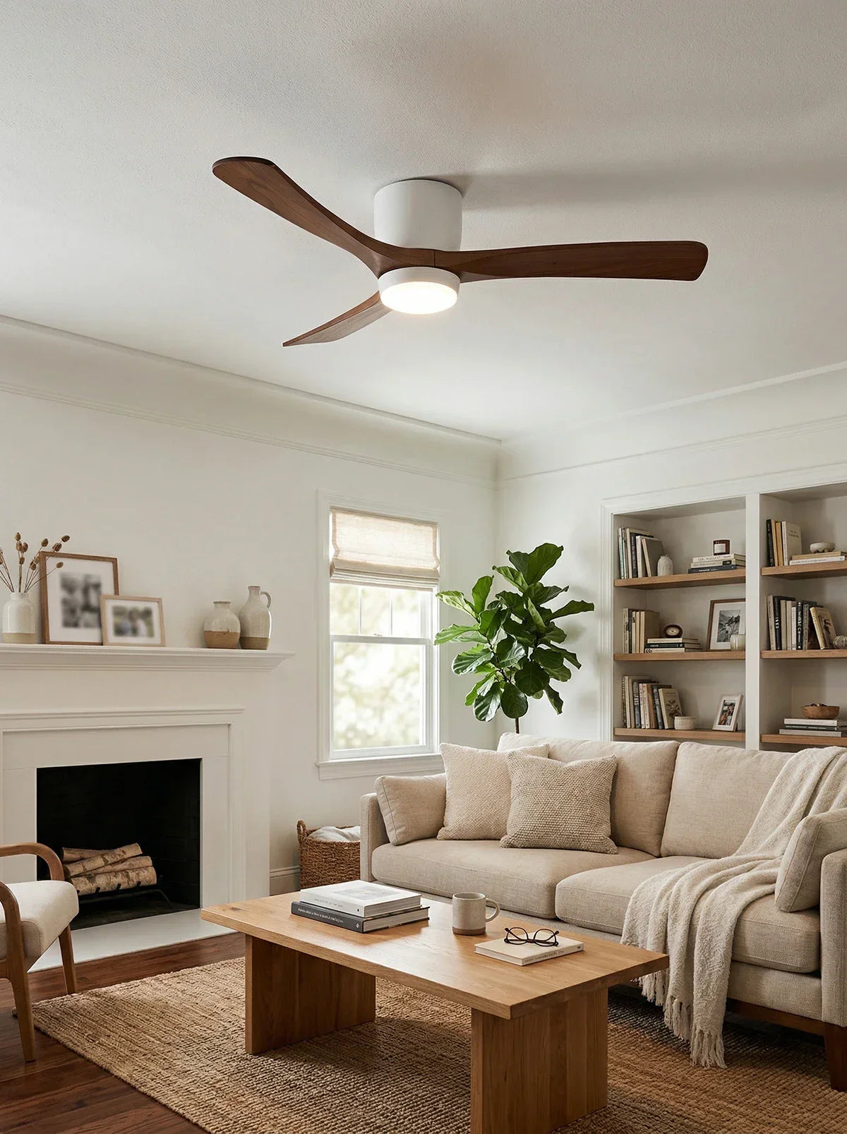 Moderner Deckenventilator mit Holzpropeller und Licht