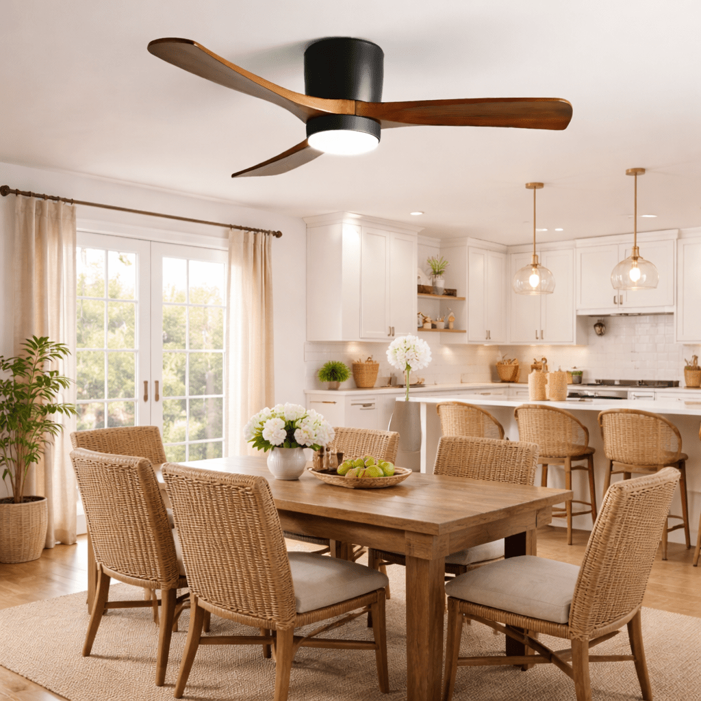 Moderner Deckenventilator aus Holz mit LED-Beleuchtung