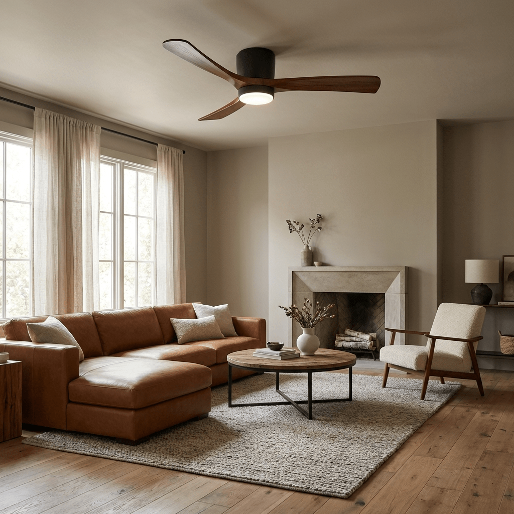 Moderner Deckenventilator aus Holz mit LED-Beleuchtung