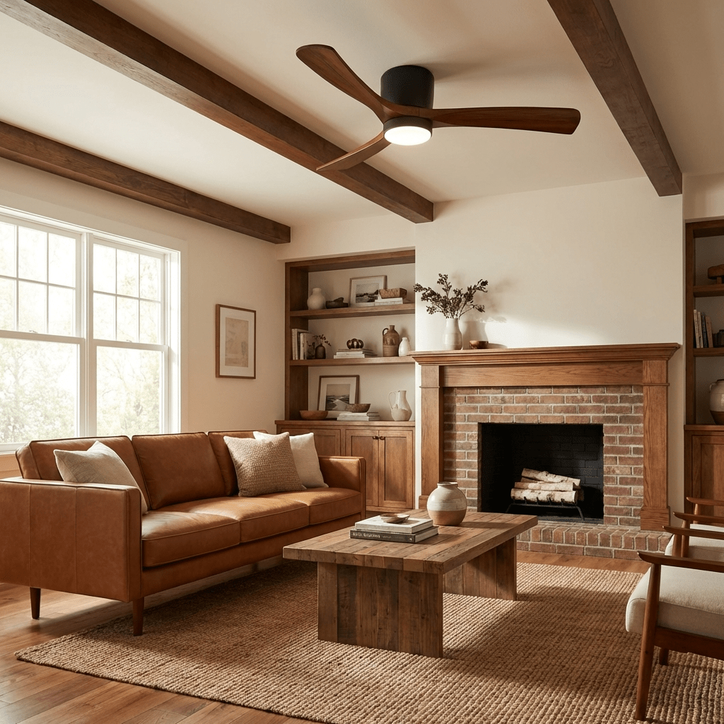 Moderner Deckenventilator aus Holz mit LED-Beleuchtung