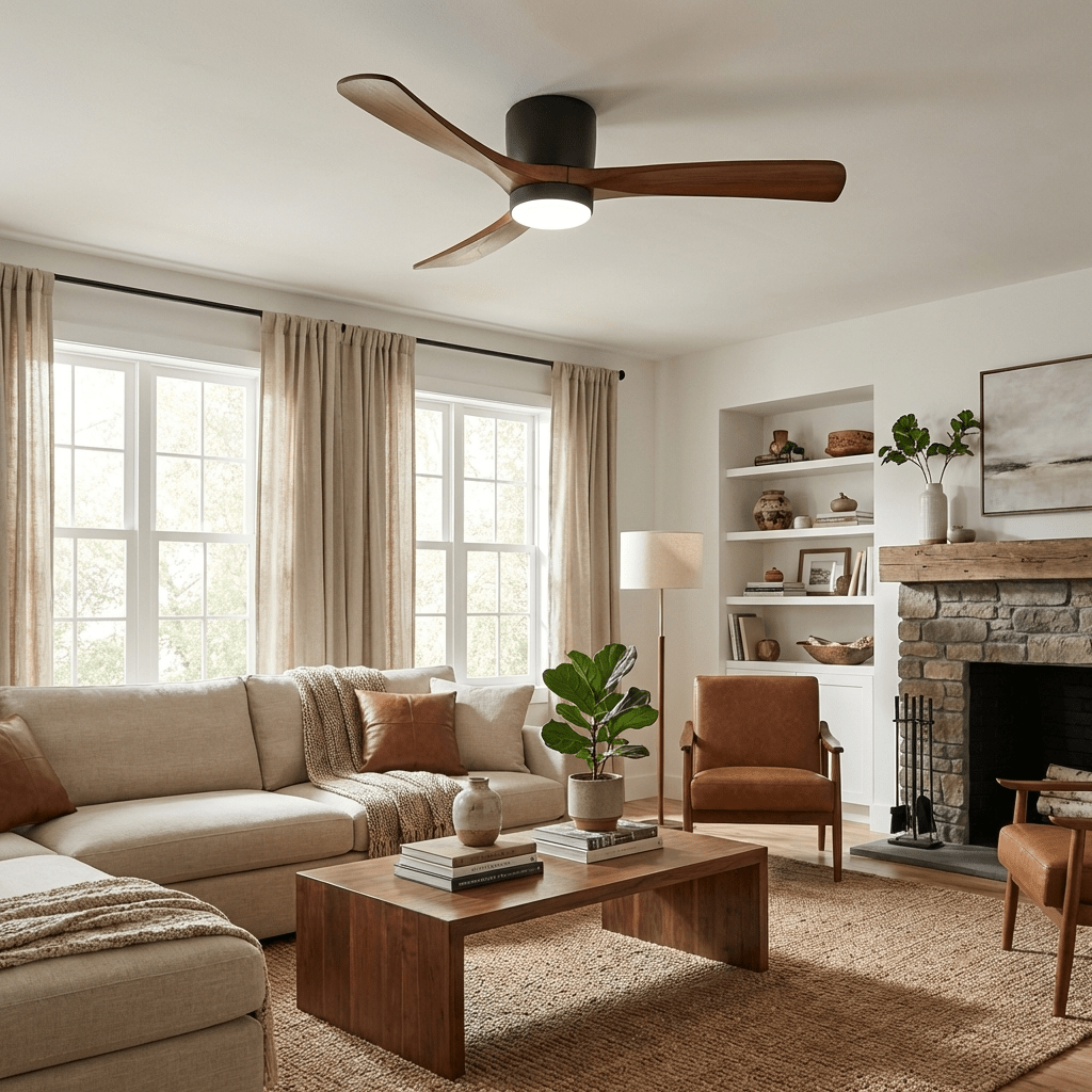 Moderner Deckenventilator aus Holz mit LED-Beleuchtung