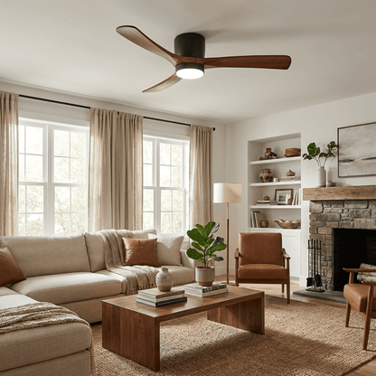 Moderner Deckenventilator aus Holz mit LED-Beleuchtung