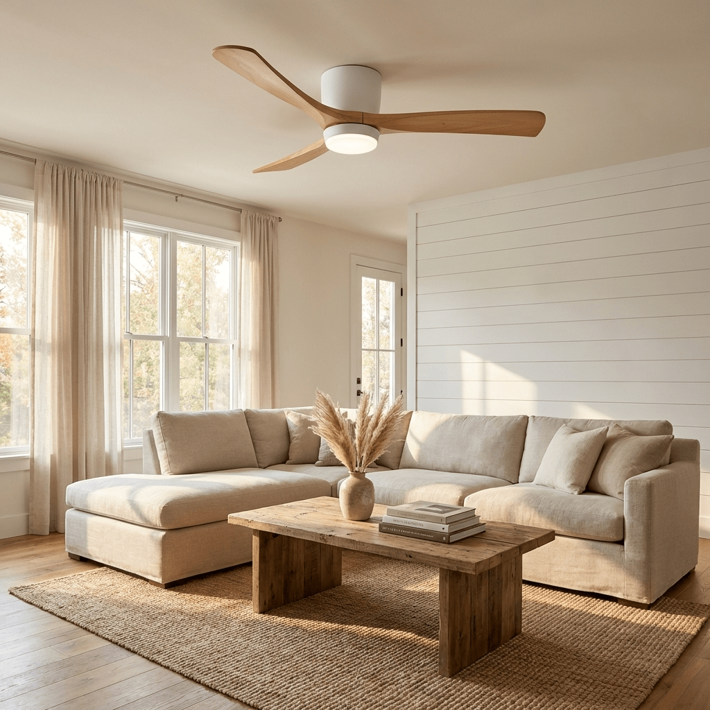 Moderner Deckenventilator aus Holz mit LED-Beleuchtung
