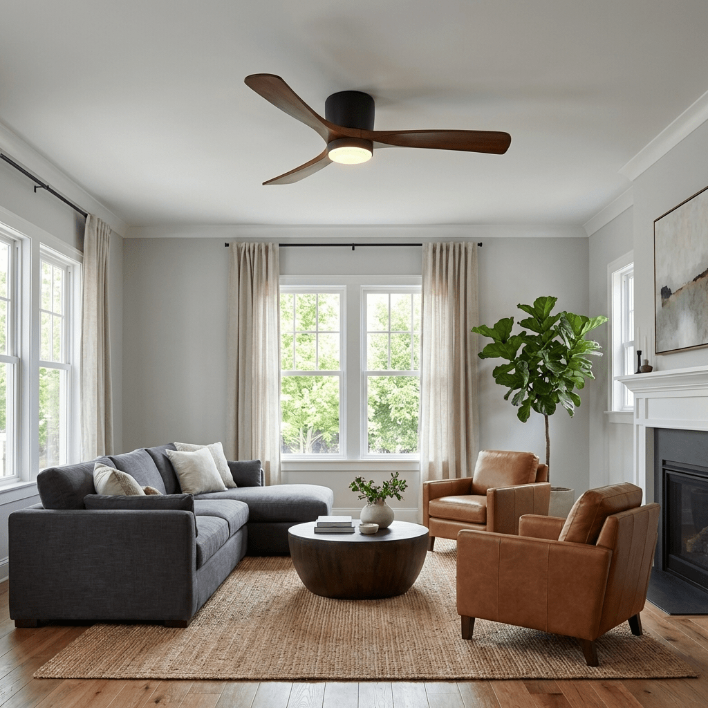 Moderner Deckenventilator aus Holz mit LED-Beleuchtung