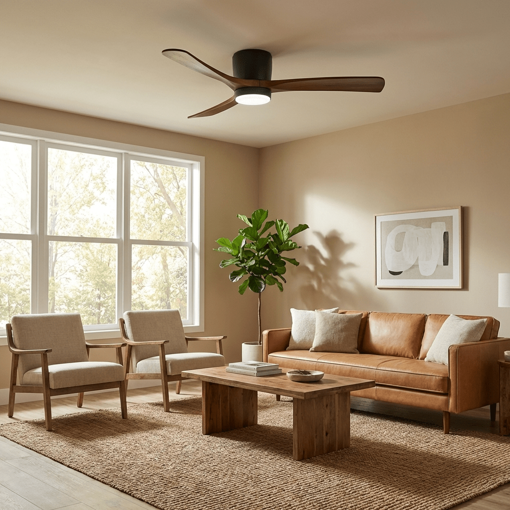 Moderner Deckenventilator aus Holz mit LED-Beleuchtung