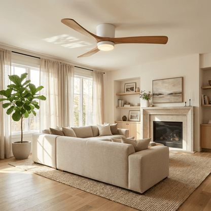 Moderner Deckenventilator aus Holz mit LED-Beleuchtung