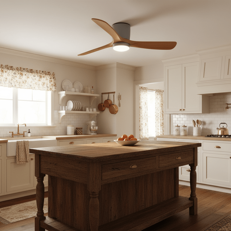 Moderner Deckenventilator aus Holz mit LED-Beleuchtung