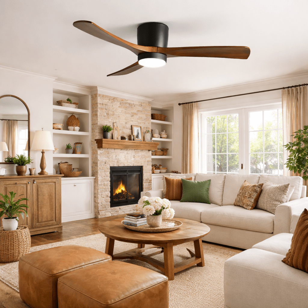 Moderner Deckenventilator aus Holz mit LED-Beleuchtung