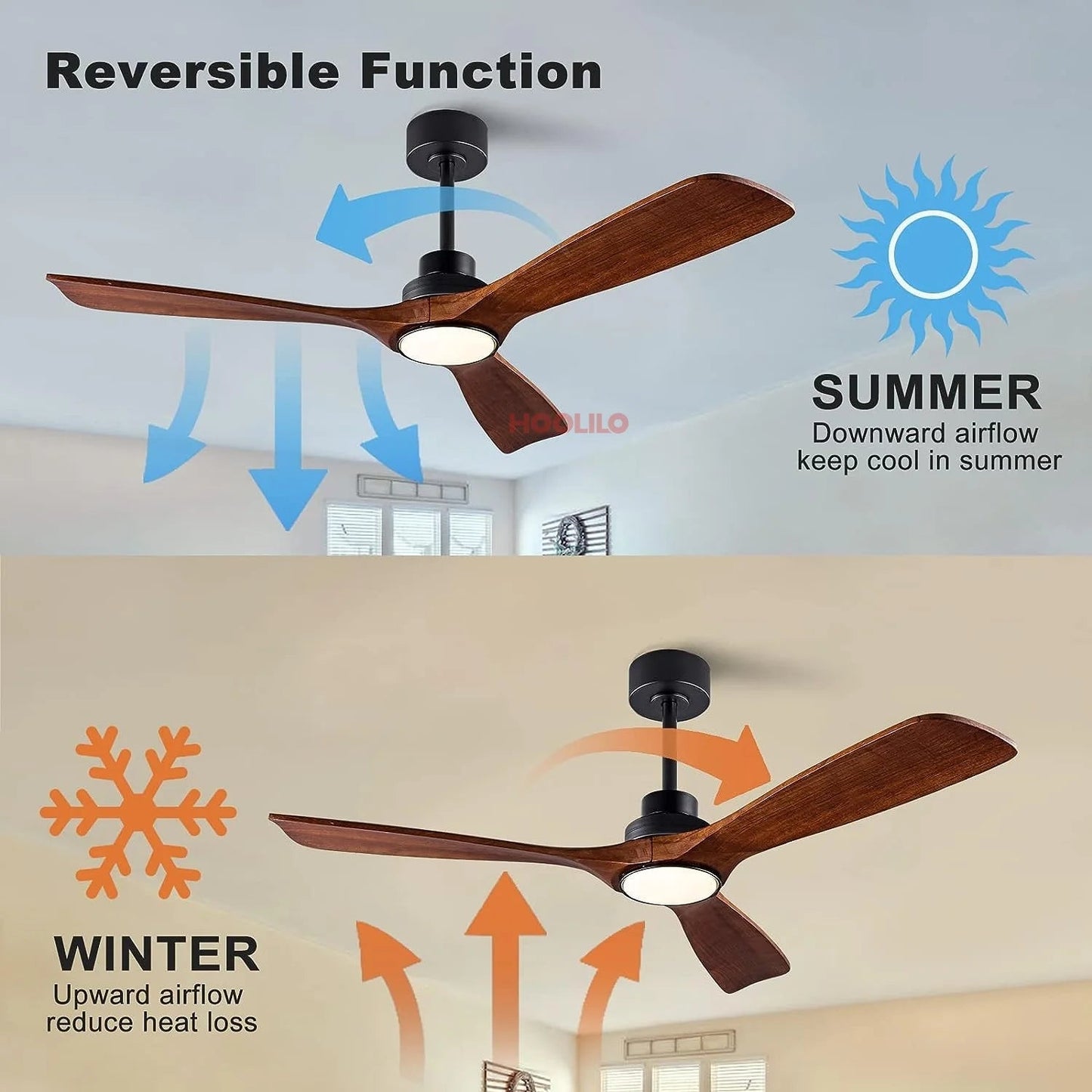 Moderner Deckenventilator mit Holzflügeln und Licht