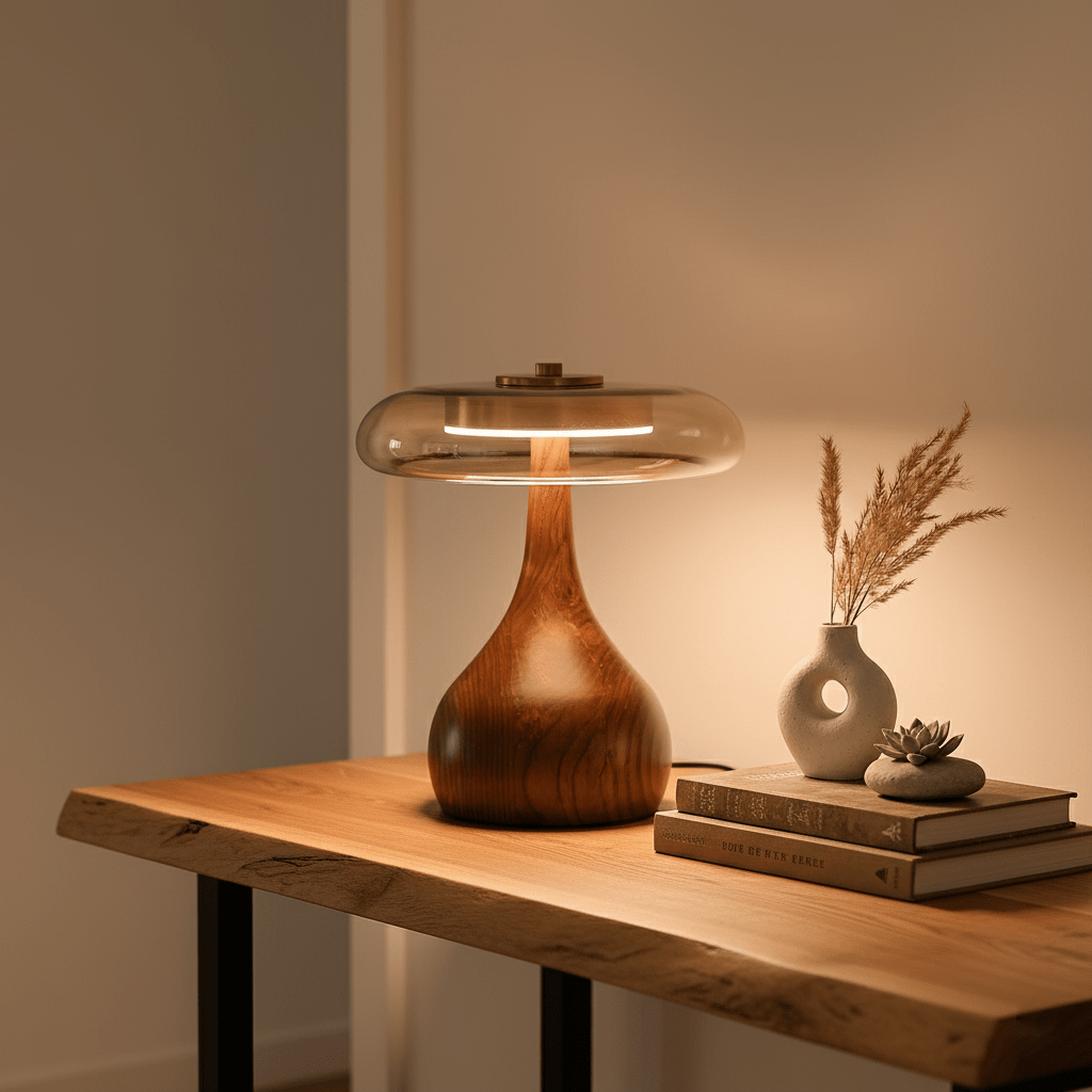 Quilven Walnussholz-Tischlampe im Mid-Century-Stil
