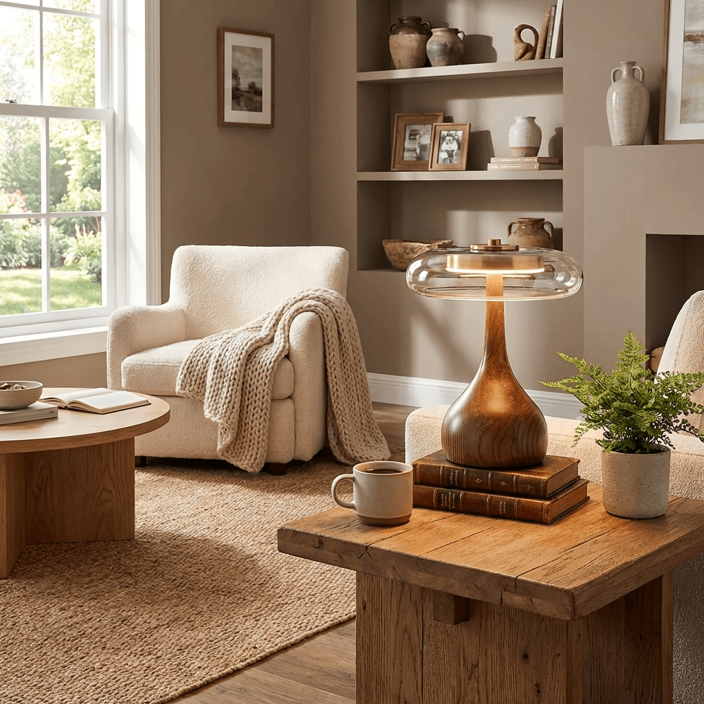 Quilven Walnussholz-Tischlampe im Mid-Century-Stil