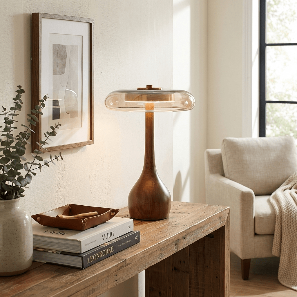 Quilven Walnussholz-Tischlampe im Mid-Century-Stil