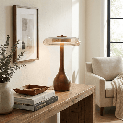 Quilven Walnussholz-Tischlampe im Mid-Century-Stil