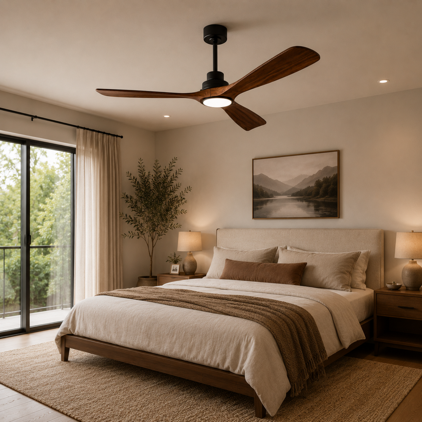 Moderner Deckenventilator mit Holzflügeln und Licht