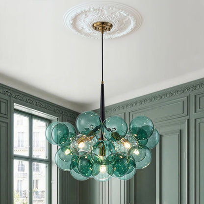 Messing-Kronleuchter aus türkisfarbenem Bubble-Glas