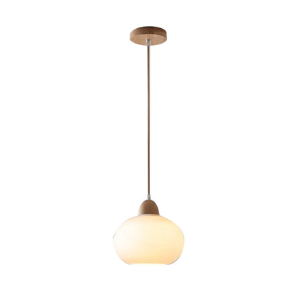 Pendelleuchte aus Milchglas und Holz