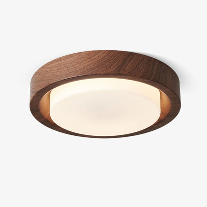 Runde Deckenleuchte aus Holz und Glas
