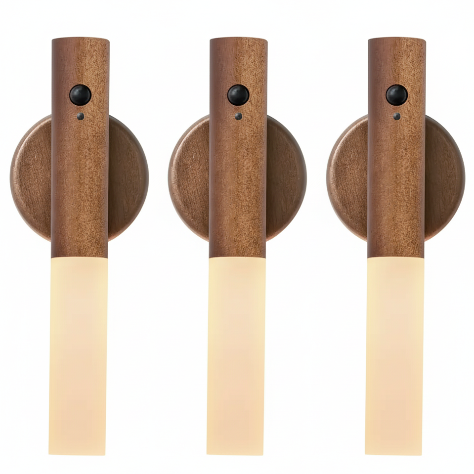 Minimalistische Wandleuchte aus Holz von Oakmira mit Bewegungsmelder