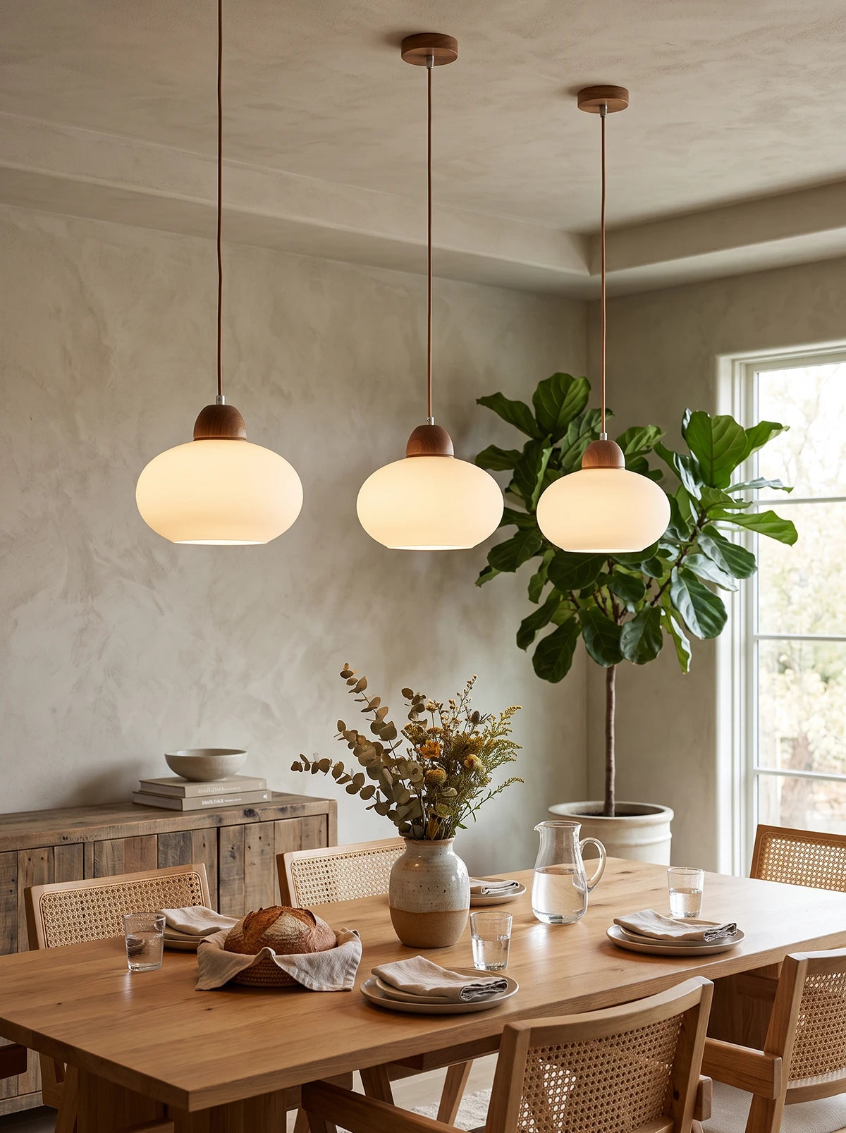 Pendelleuchte aus Milchglas und Holz