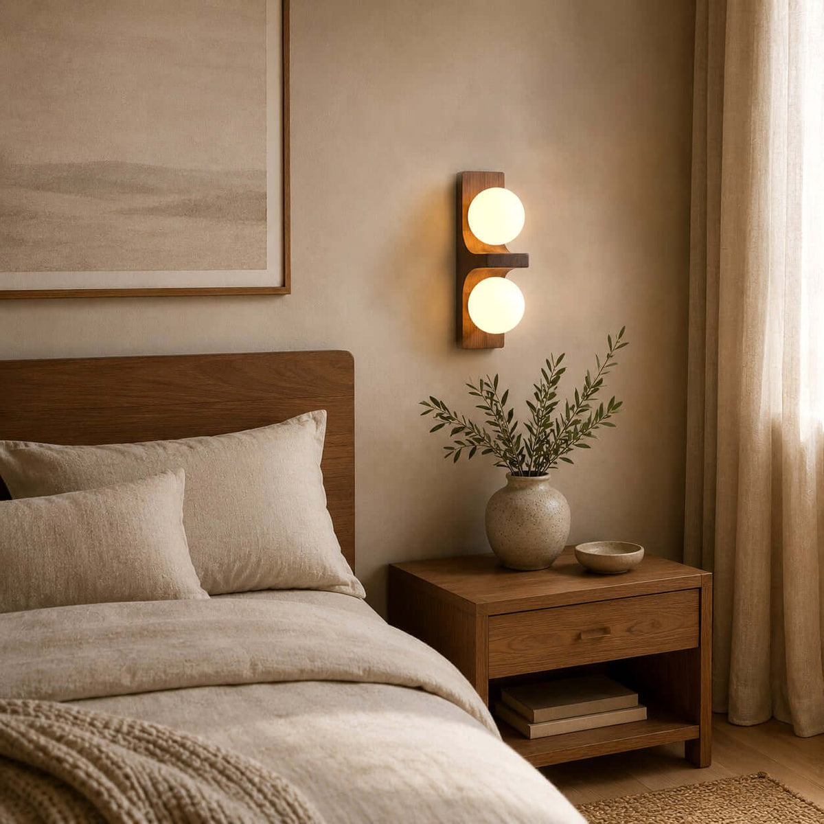 Wandlampe aus Holz mit zwei Kugeln