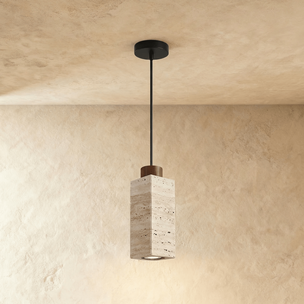 Schlanke Pendelleuchte aus Travertin und Holz
