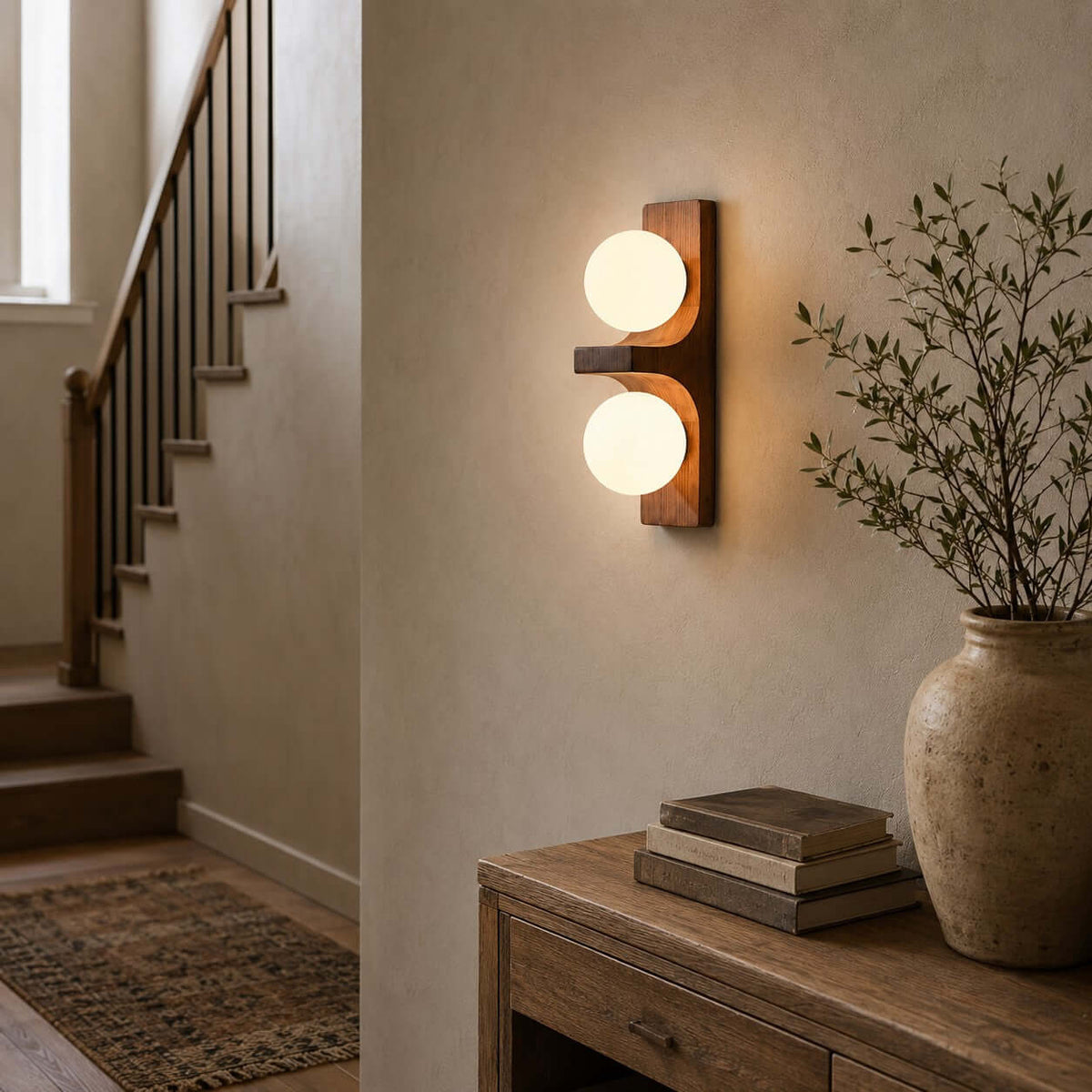 Wandlampe aus Holz mit zwei Kugeln