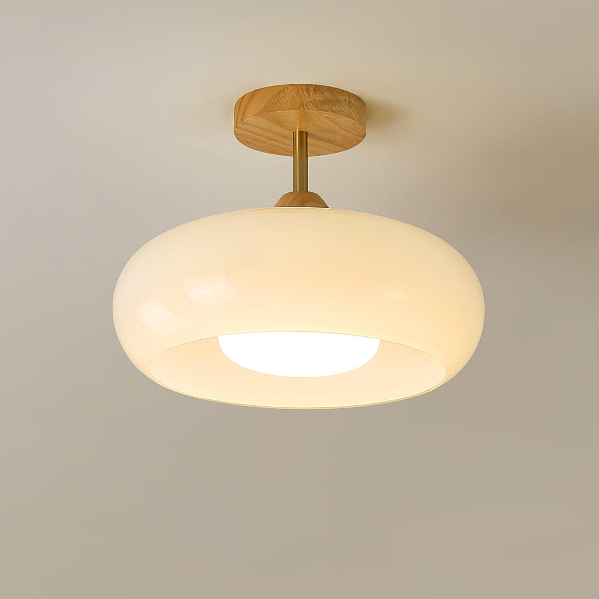 Ovale Deckenleuchte aus Glas und Holz
