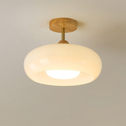 Ovale Deckenleuchte aus Glas und Holz