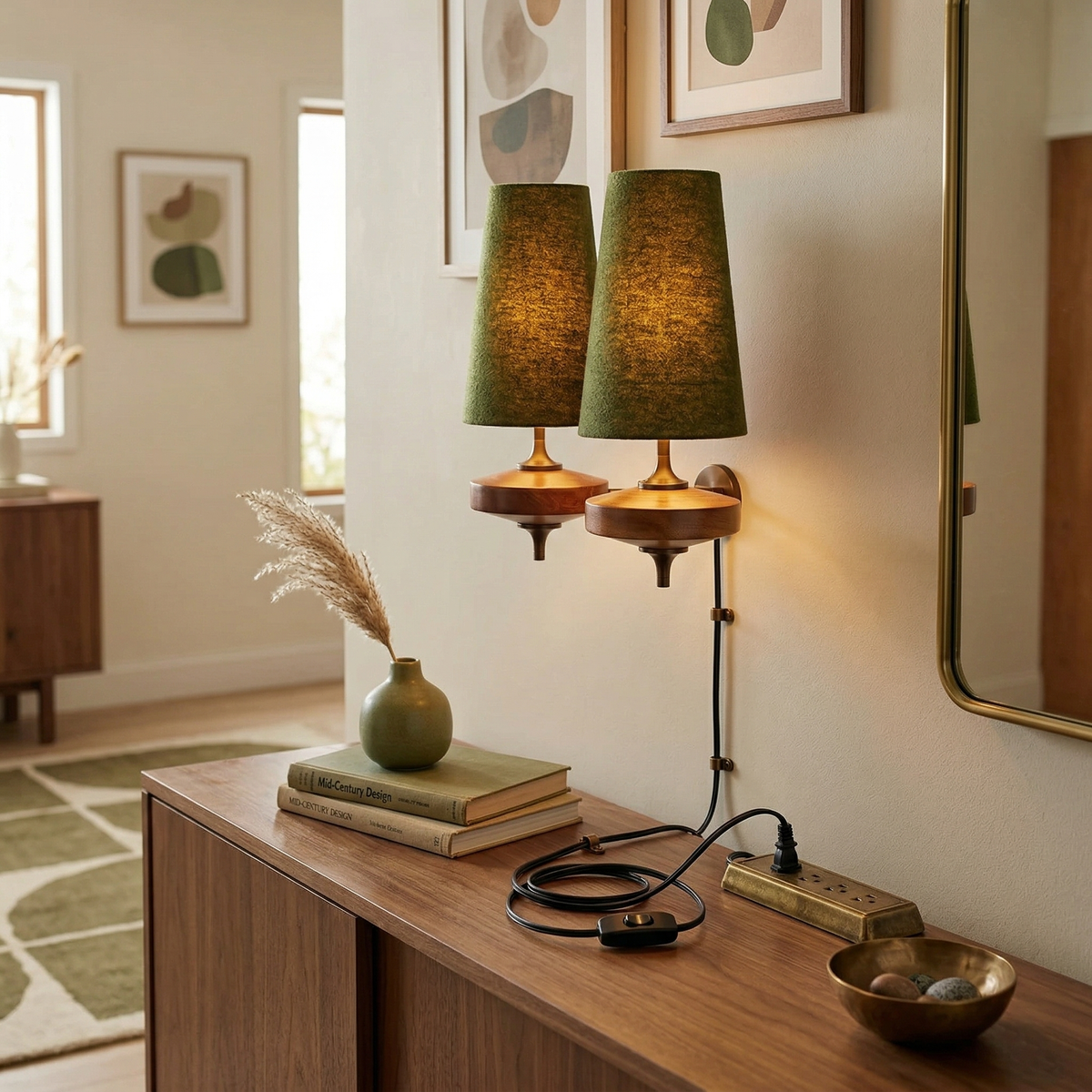 Wandlampe zum Einstecken aus Walnussholz und Messing