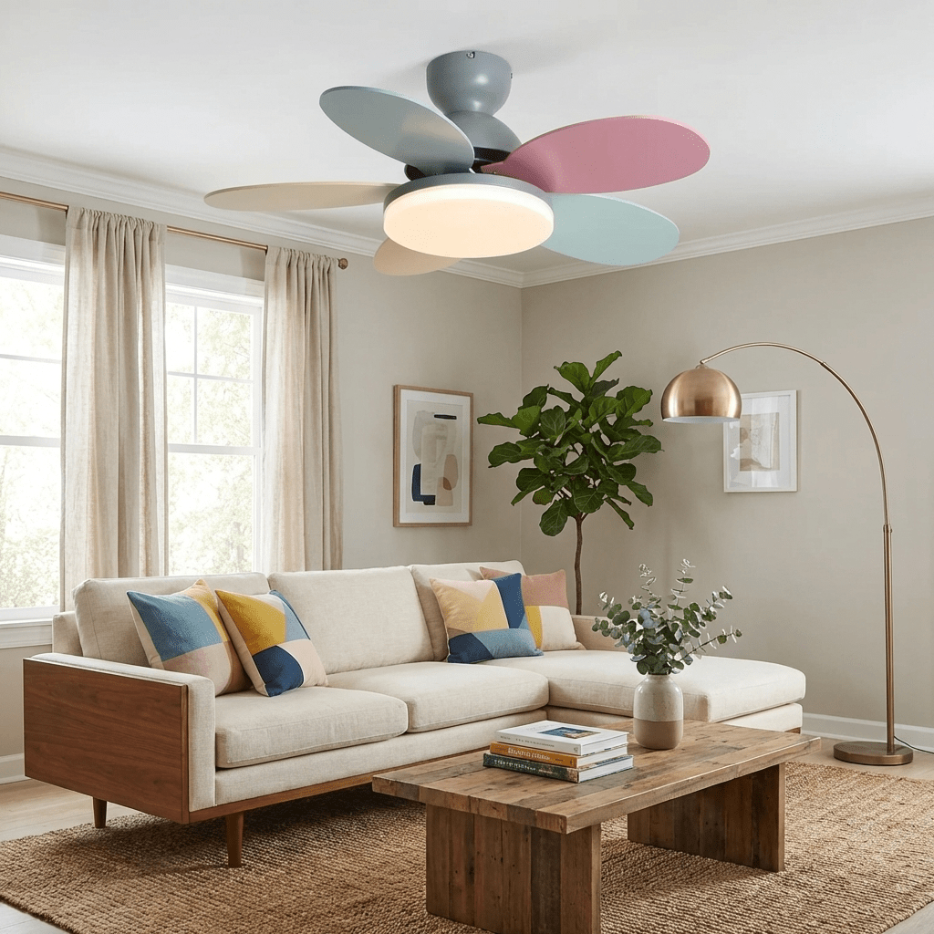 Deckenventilator mit blütenförmigen Holzflügeln
