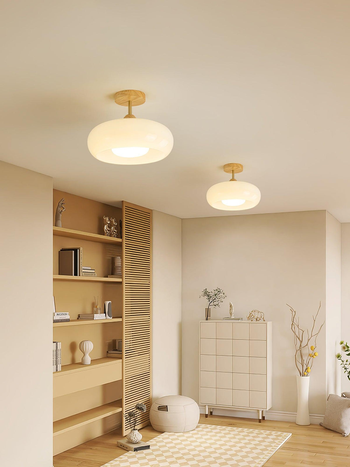 Ovale Deckenleuchte aus Glas und Holz
