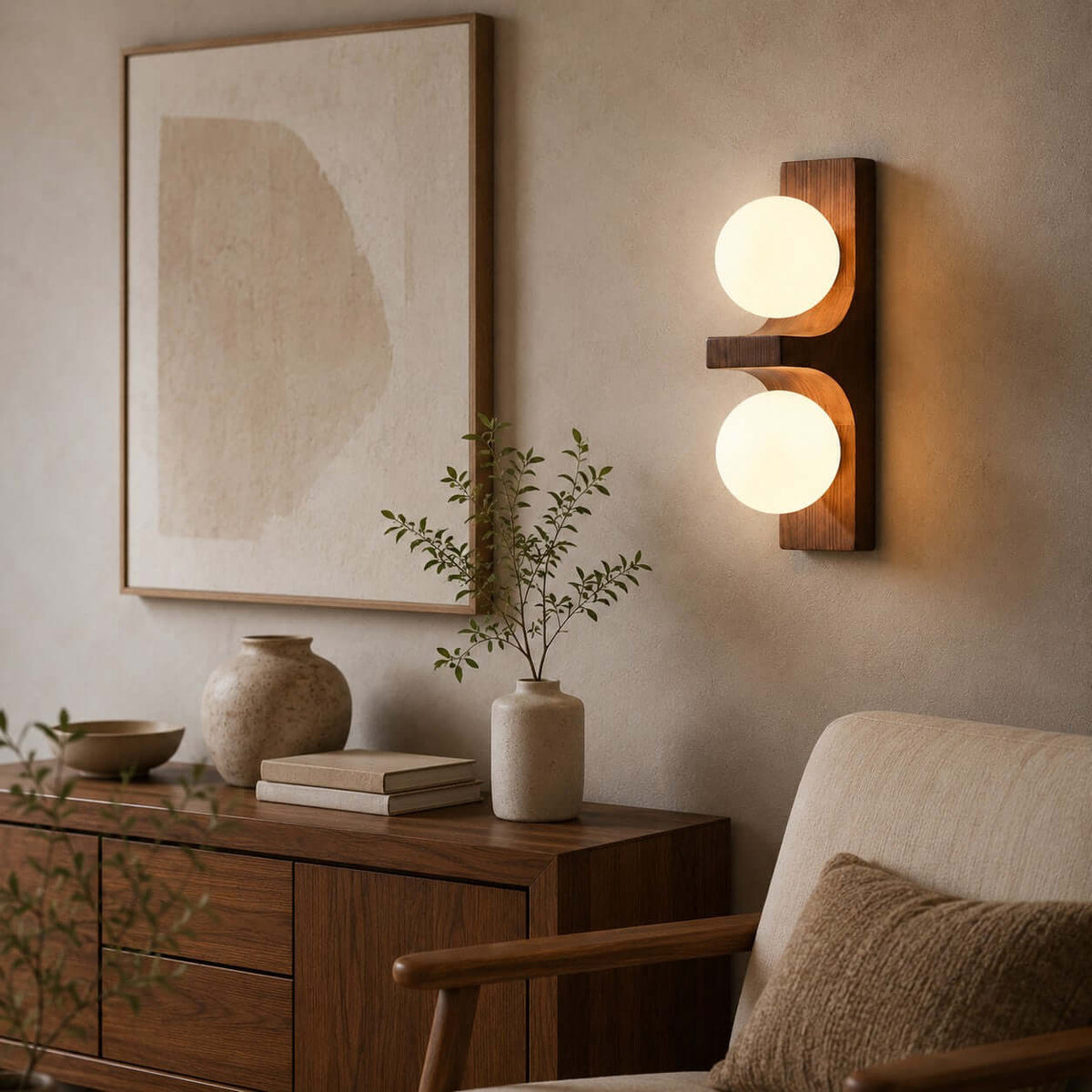 Wandlampe aus Holz mit zwei Kugeln