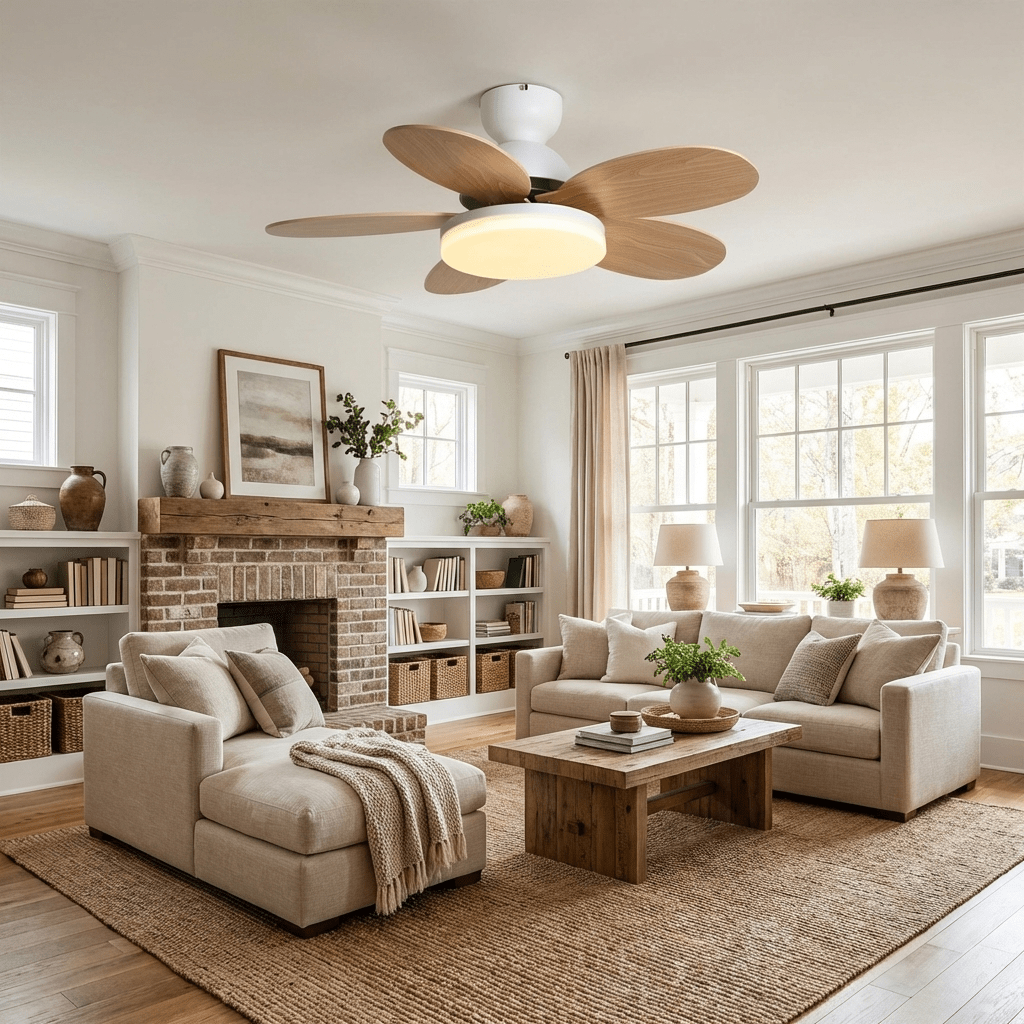 Deckenventilator mit blütenförmigen Holzflügeln