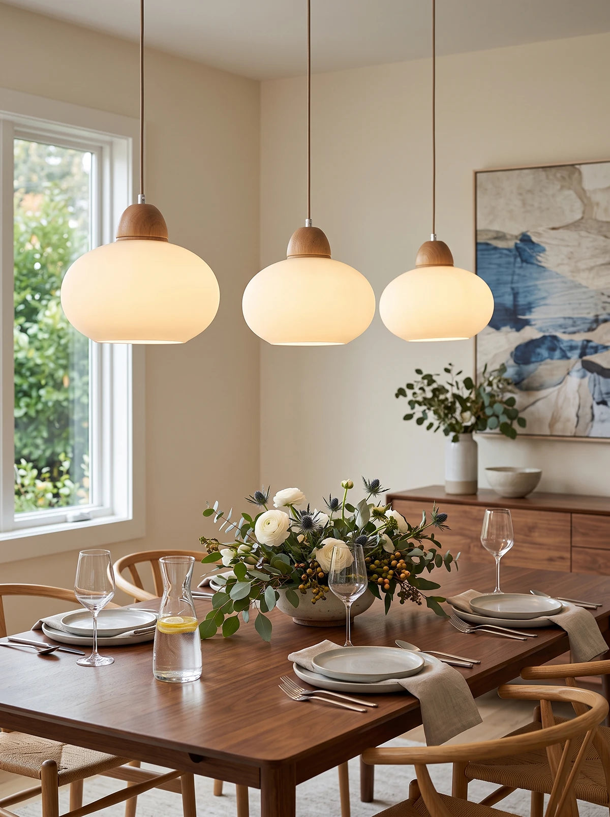 Pendelleuchte aus Milchglas und Holz