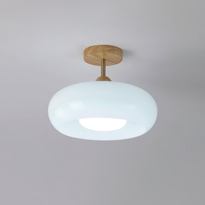 Ovale Deckenleuchte aus Glas und Holz