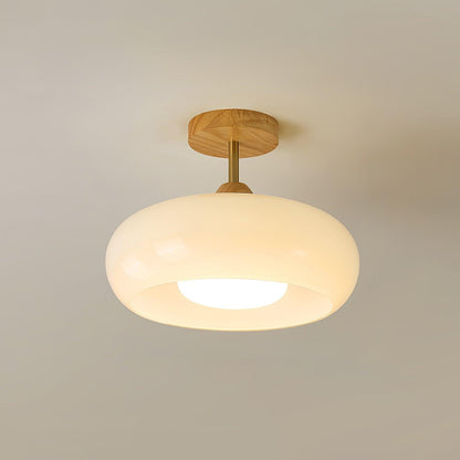 Ovale Deckenleuchte aus Glas und Holz