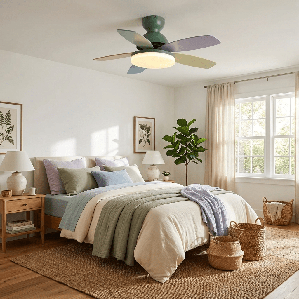 Deckenventilator mit blütenförmigen Holzflügeln