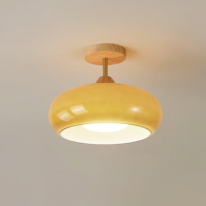 Ovale Deckenleuchte aus Glas und Holz